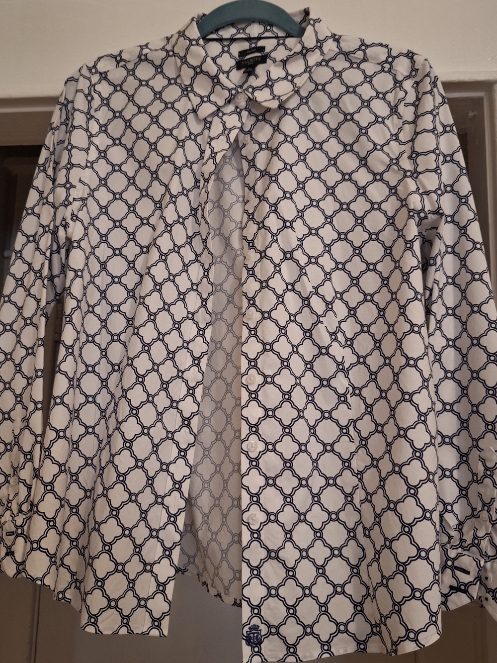 Talbots Navy and White Geometric  Blouse